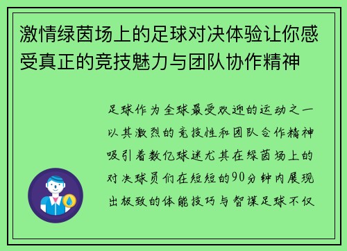 激情绿茵场上的足球对决体验让你感受真正的竞技魅力与团队协作精神