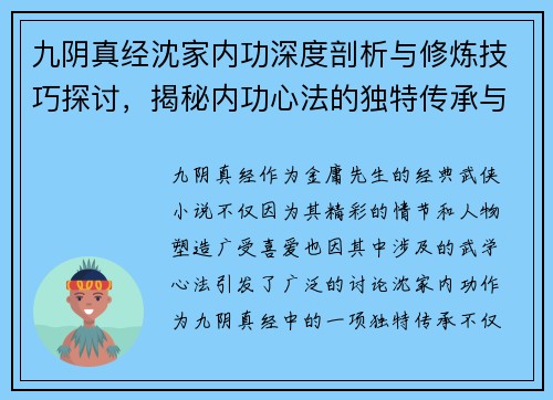 九阴真经沈家内功深度剖析与修炼技巧探讨，揭秘内功心法的独特传承与发展